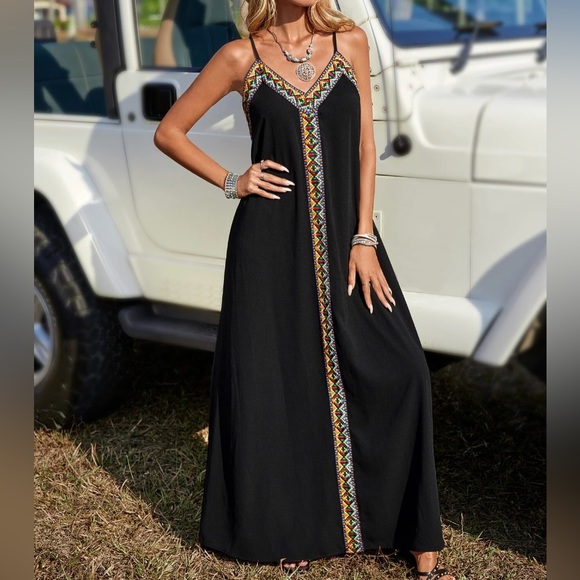 Boho Geometric Embroidery Maxi Cami Dress - Picture 2 of 6
